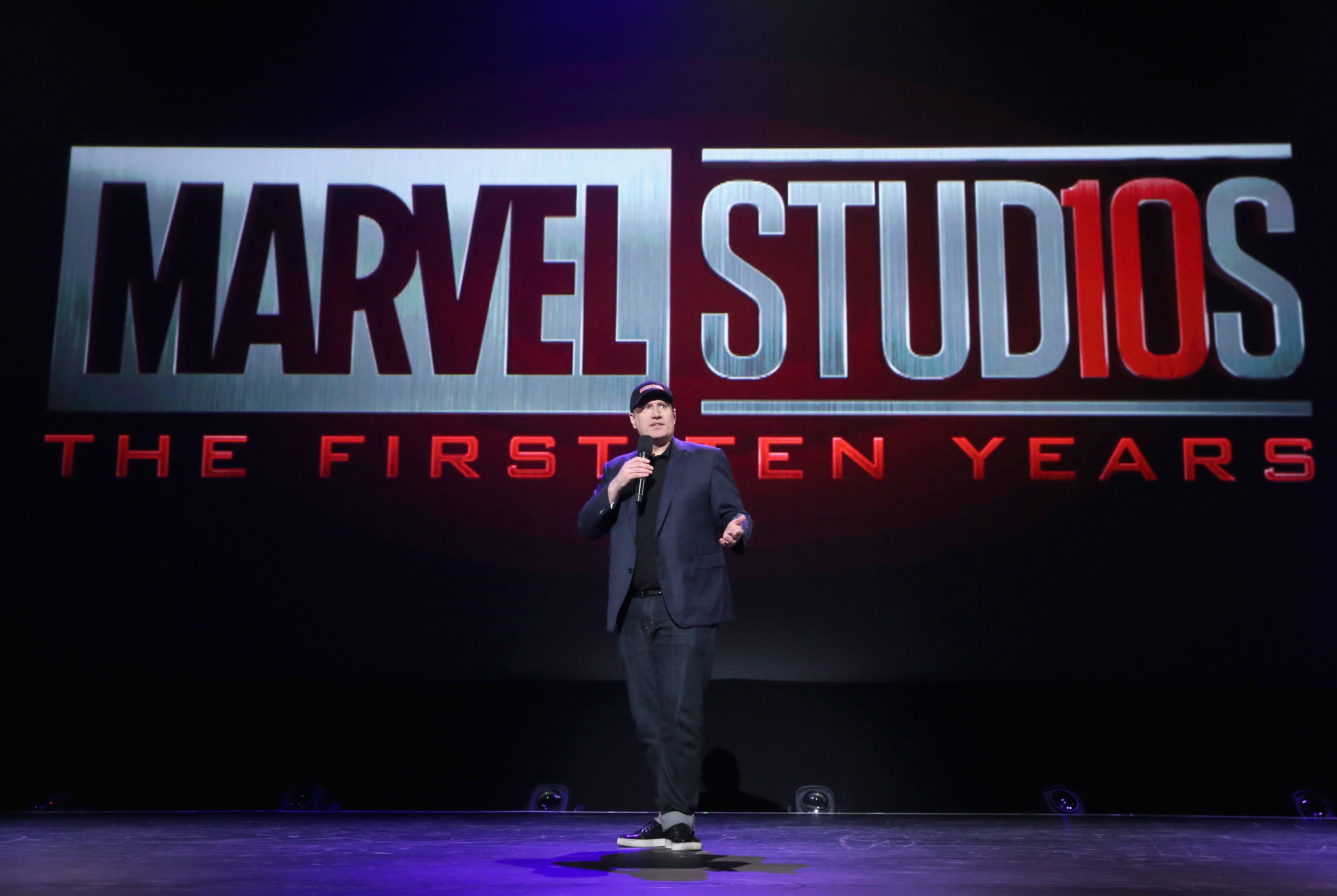 ANAHEIM, CA - JULY 15: Producer Kevin Feige of AVENGERS: INFINITY WAR took part today in the Walt Disney Studios live action presentation at Disney's D23 EXPO 2017 in Anaheim, Calif. AVENGERS: INFINITY WAR will be released in U.S. theaters on May 4, 2018. (Photo by Jesse Grant/Getty Images for Disney) *** Local Caption *** Kevin Feige
